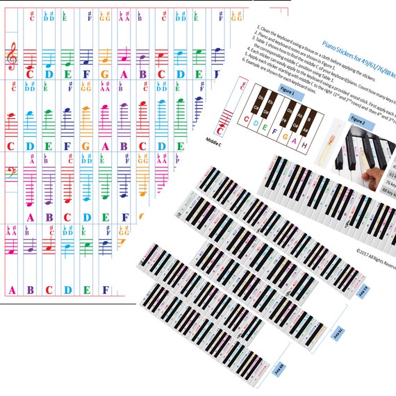 Autocollants de piano couleur pour claviers 49/61/76/88 touches  Transparents et amovibles : fabriqués aux États-Unis. -  Canada