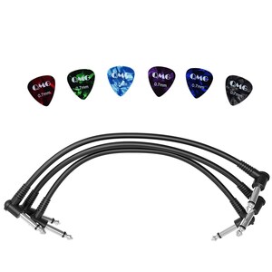 May include: Set of three black guitar patch cables with 1/4 inch plugs. The cables are coiled and ready to connect to a guitar, amplifier, or other audio equipment.  The image also shows six guitar picks with the text "OMG 0.7mm" printed on them. The picks are in red, green, blue, purple, and black.