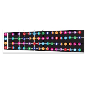 May include: A black violin fingerboard decal featuring four horizontal strings represented by lines. Each string contains a series of colorful circular note markers labeled with musical letters, including sharps and flats, arranged in sequence.
