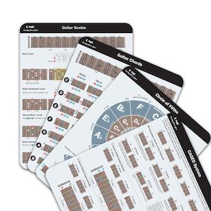 May include: A set of guitar learning cards with diagrams and text. The cards include information on guitar scales, chords, and the Circle of Fifths. The cards are white with black text and diagrams, and the brand name "CMG" is visible.