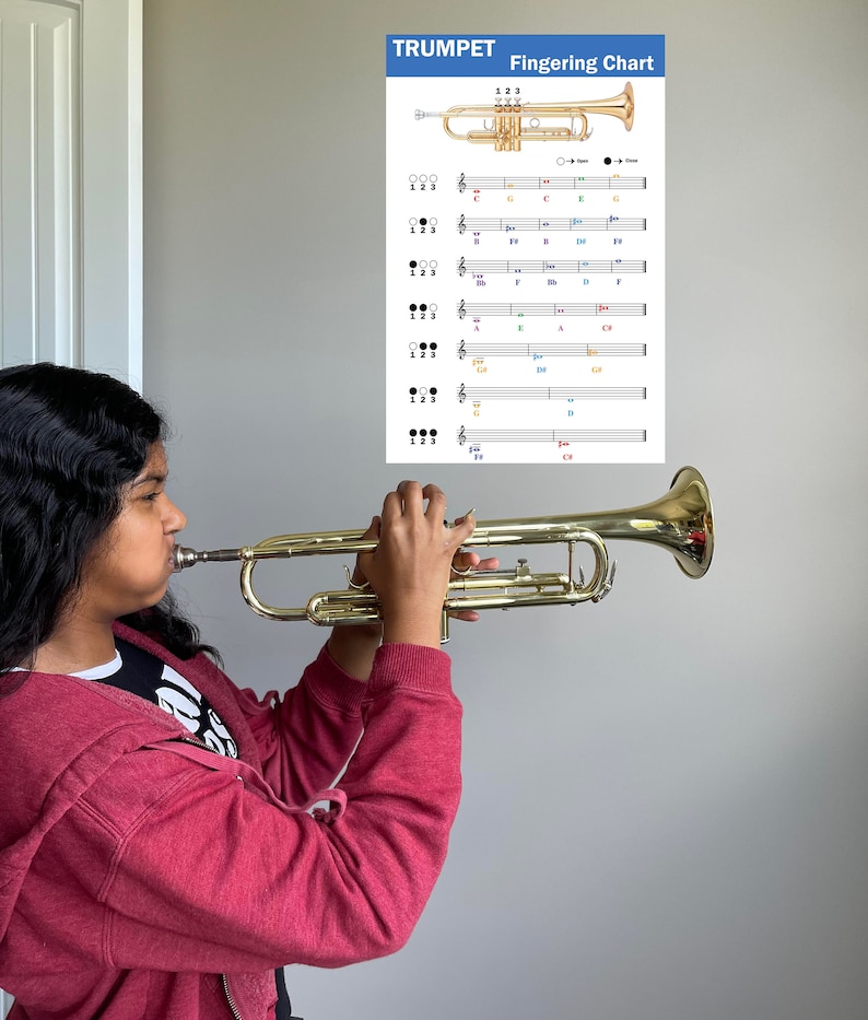 Trumpet Fingering Chart With Color-coded Notes, Learn Trumpet Technique ...