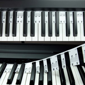 May include: A black and white keyboard with white keys and black keys. The keys have labels with musical notes and letters. The keyboard has a black and silver frame.
