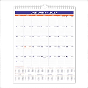 May include: A white wall calendar for January 2027 with a blue header and wire-o binding. The grid features numbered days, horizontal lines for notes, and small monthly reference calendars for the entire year at the bottom of the page.