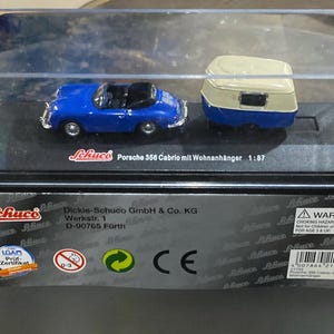 Schuco Porsche 356 w/ Caravan Trailer HO Edition 1:87 Scale TINY Car Original Box shows wear and tear.  Porsche 356 Cabrio mit Wohnanhanger
