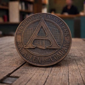 Puede incluir: Medall&oacute;n de color bronce con el texto "ARCHITECTS ENGINEERS A.M. ALLEN AND COMPANY" que rodea una gran letra "A" con un dise&ntilde;o de edificio en su interior. El medall&oacute;n est&aacute; sobre una superficie de madera.