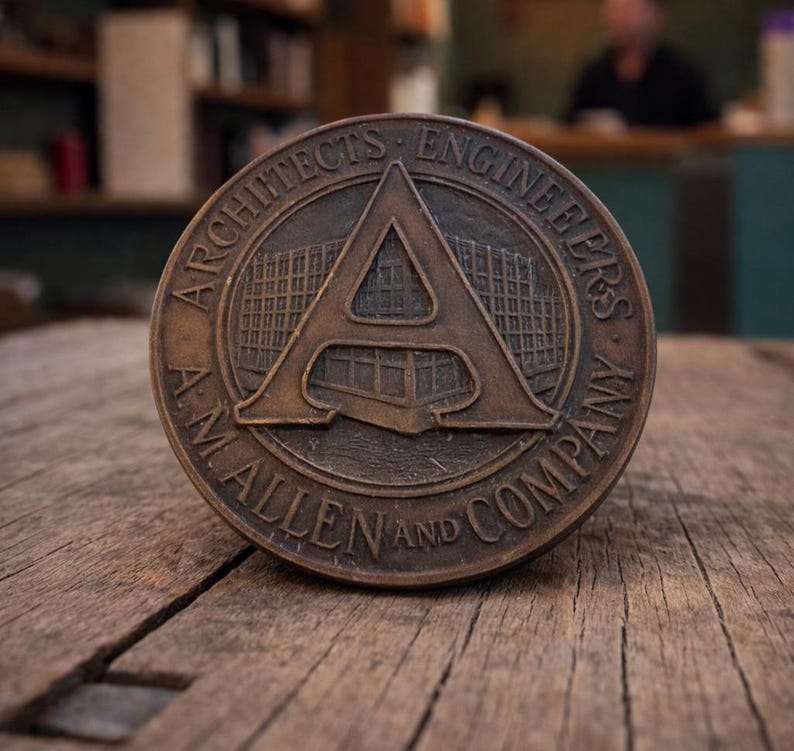 Puede incluir: Medall&oacute;n de color bronce con el texto "ARCHITECTS ENGINEERS A.M. ALLEN AND COMPANY" que rodea una gran letra "A" con un dise&ntilde;o de edificio en su interior. El medall&oacute;n est&aacute; sobre una superficie de madera.