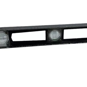 May include: A black metal level with two clear bubble vials. The level is used for measuring and ensuring surfaces are level.