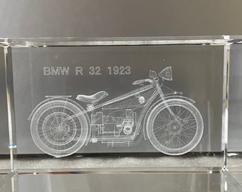 Heavy Glass Paperweight Etched BMW Motorcycle 1923 R32 4"