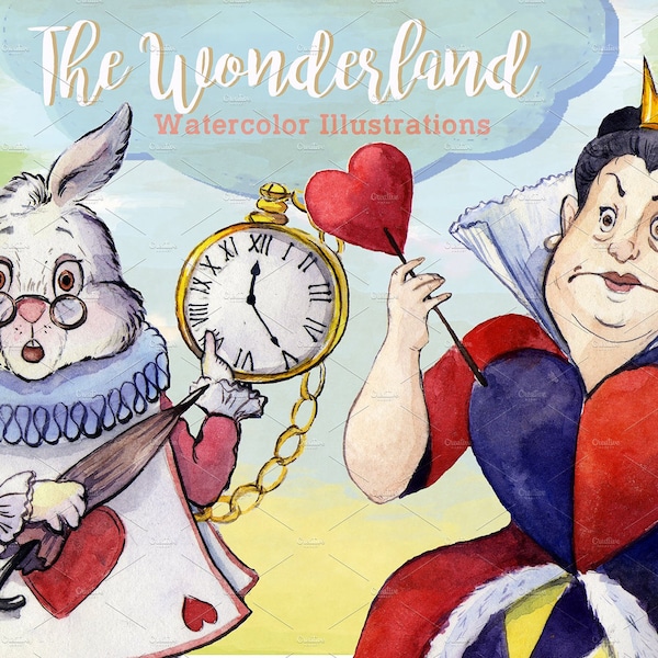 Watercolor Alice, Alice in wonderland, Alice , alice clipart, alice in a bottle, Queen of hearts, white rabbit,