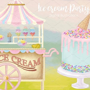 Carro de helados de acuarela,Cono de helado, Imágenes prediseñadas de furgonetas de helado