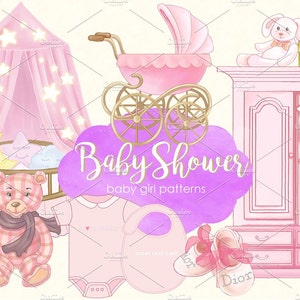 Può includere: Un'illustrazione a tema baby shower rosa con una culla con baldacchino rosa, un passeggino rosa, un armadio rosa, un orsacchiotto rosa e una nuvola rosa con il testo "Baby Shower baby girl patterns".
