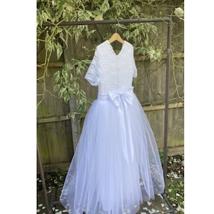 Hand made sheer lace cap sleeve lace pearl button back long tutu dress Holy Communion flower girl dress