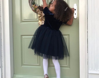 Handmade Navy velvet tutu christmas flower girl party dress