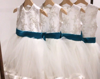 Handmade embroidered  tulle ribbon tutu flower girl dress