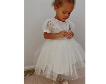 Handmade velvet puff sleeve minimalist sparkly tutu flower girl dress