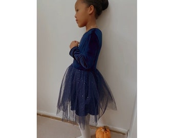 Navy handmade Long Sleeve Velvet Sparkly Tutu Dress