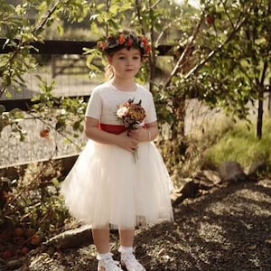 Handmade lace cap sleeve Pearl button back tutu flower girl dress and large satin burnt orange bow sash