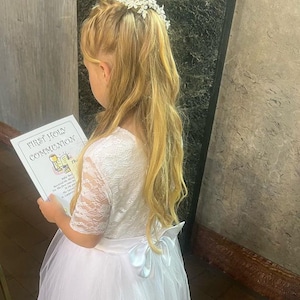 Handmade Holy Communion dress with sheer lace cap sleeves lace pearl button back long tutu dress