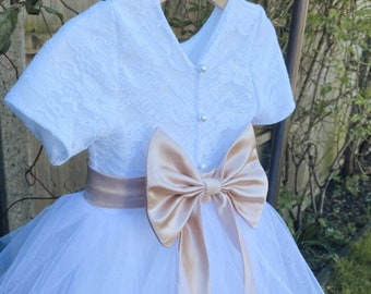 Handmade lace cap sleeve Pearl button back tutu flower girl dress and large satin bow sash