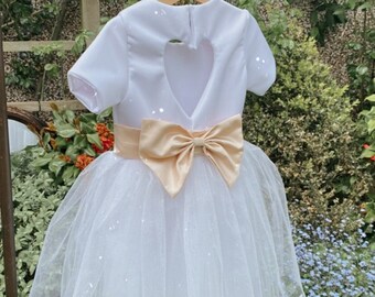 Handmade minimalist cap sleeve heart back tutu flower girl dress and large satin bow sash