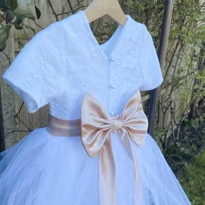 Handmade lace cap sleeve Pearl button back tutu flower girl dress and large satin bow sash