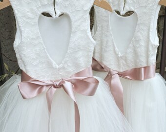 Handmade lace tutu flower girl dress with ribbon bow sash