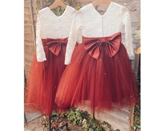 Handmade long sleeve lace burgundy wine tulle skirt and bow sash