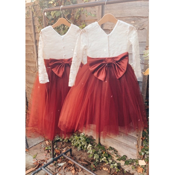 Handmade long sleeve lace burgundy wine tulle skirt and bow sash