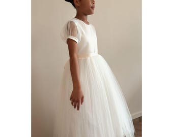 Ivory Tulle Flower Girl Dress | Toddler Wedding Dress | Girls Puff Sleeve Dress | Satin Waistband Dress | Junior Bridesmaid |Communion Dress