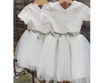 Handmade lace cap sleeve Pearl button back tutu flower girl dress