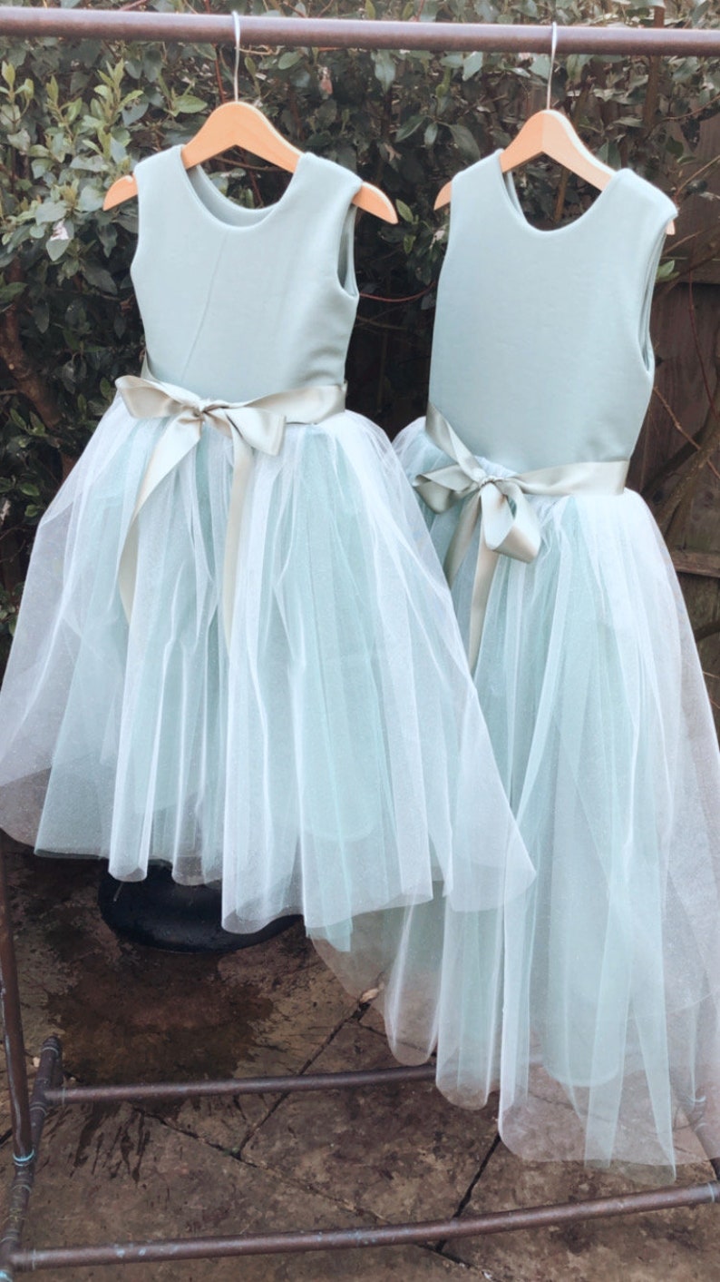 Sage Scoop Neck Cloth Surface and Tulle Flower Girl Dress (2003227581)