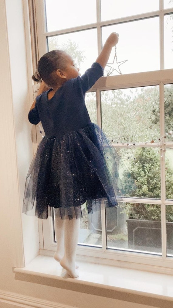 Navy handmade Long 3/4 length Sleeve cotton Sparkly Tutu Dress