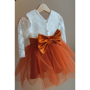 Handmade long sleeve lace burnt orange tulle skirt and bow sash