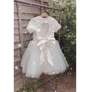Handmade lace cap sleeve heart back tutu flower girl dress and large satin bow sash