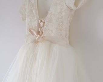 Handmade lace tulle ribbon lace back cap sleeve flower girl dress