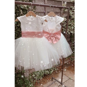 Handmade embroidered frill cap sleeve heart back tutu dress with a large satin sash