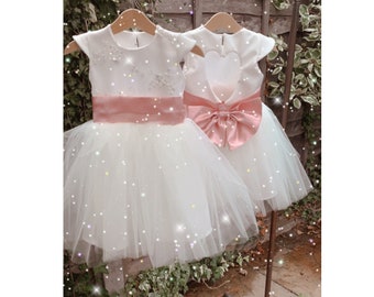 Handmade embroidered frill cap sleeve heart back tutu dress with a large satin sash