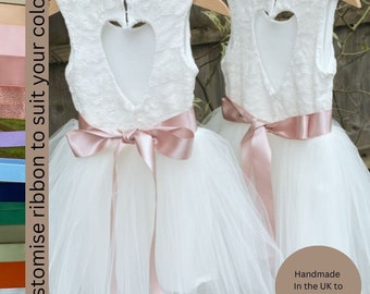 Handmade lace tutu flower girl dress with ribbon bow sash