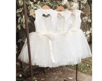 Handmade ivory soft minimalist tulle heart back tutu flower girl dress junior bridesmaid