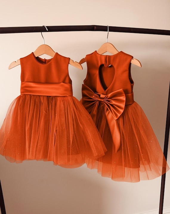 burnt orange sash for dress Handmade burnt orange sparkly tulle flower girl dress & large bow sash