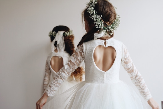 long sleeve heart back flower girl dress Handmade long sleeve lace flower girl, first communion tulle dress
