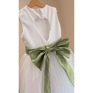 white dress green sash Ivory Organza Flower Girl Dress: Olive Green Sash, Baptism Gown