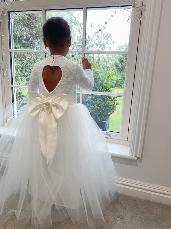 Handmade long sleeve lace heart cut out back long tutu dress