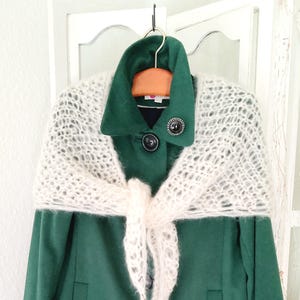 Mohair triangular shawl, stole, scarf, cape, coat, cream white, women's garter rib