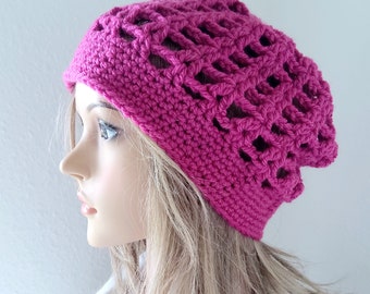 Crochet hat net beanie, ladies, hole pattern, boho hippie