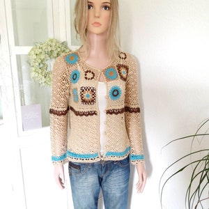 HäkelJacke,Granny Square, Frühling Sommer,Urlaub,Spitze Baumwolle,beige,braun, blau