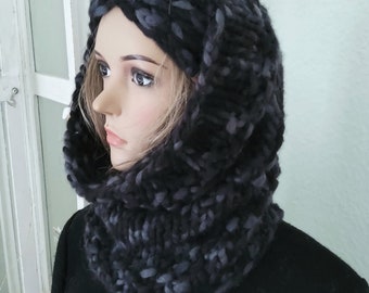 SET: Loop, collar scarf, headband, hood, wool/black, gray, warm and soft