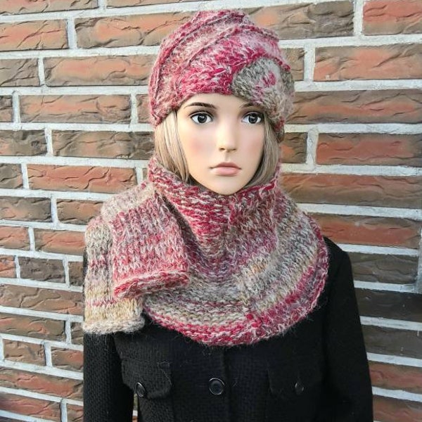 Alpaca wool set: hat loop scarf, red hand warmers, beige gradient, women