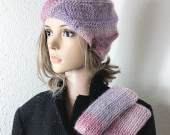 SET: Mohair/wool hat, swirl hat, beanie, hand warmers color gradient