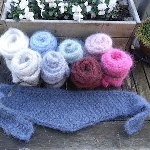 以下が含まれることがあります： 白、青、ピンク、茶色など、さまざまな色の糸が8玉、木製の表面に並べて巻かれています。青い編まれたスカーフも表面にあります。